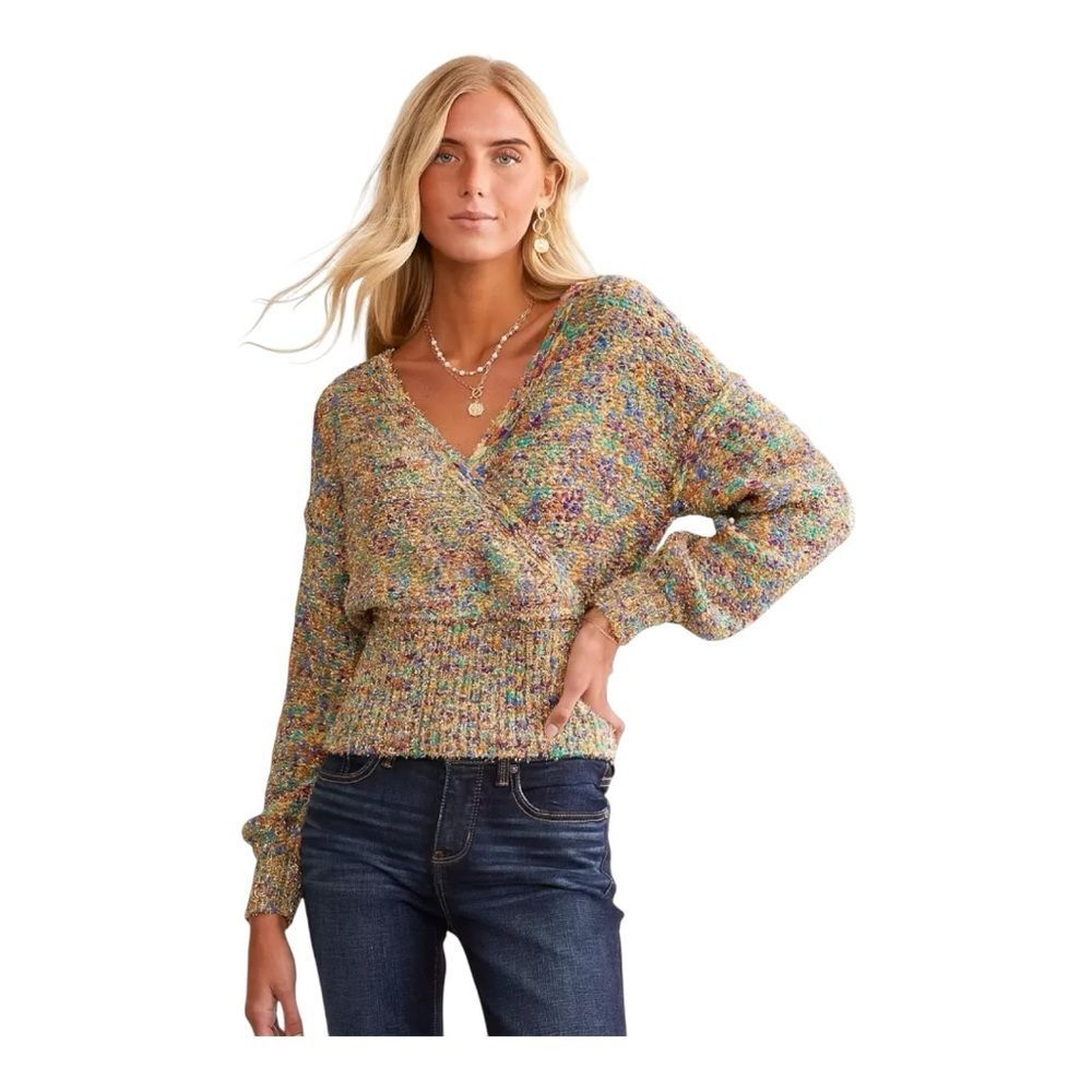 Willow & Root‎ Color Pop Gold Metallic Balloon Sleeve Festive Sweater Medium